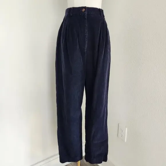 Vintage 80s Navy Blue Corduroy High Rise Pleated Trousers Straight Leg Pants M - Picture 9 of 9
